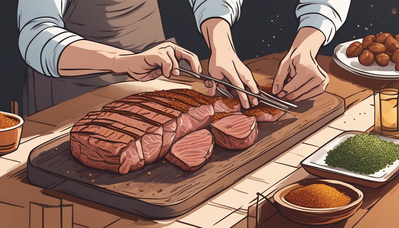 A hand sprinkles a blend of spices onto a raw piece of game meat, carefully patting and massaging the rub into the surface before placing it on a sizzling grill