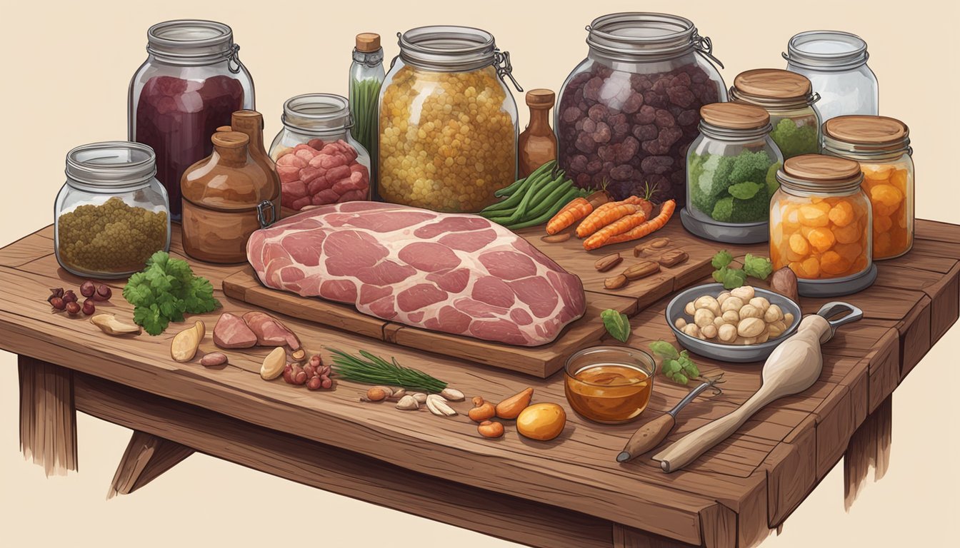 A rustic wooden table holds various game meats, surrounded by jars of fermenting ingredients and tools for fermentation