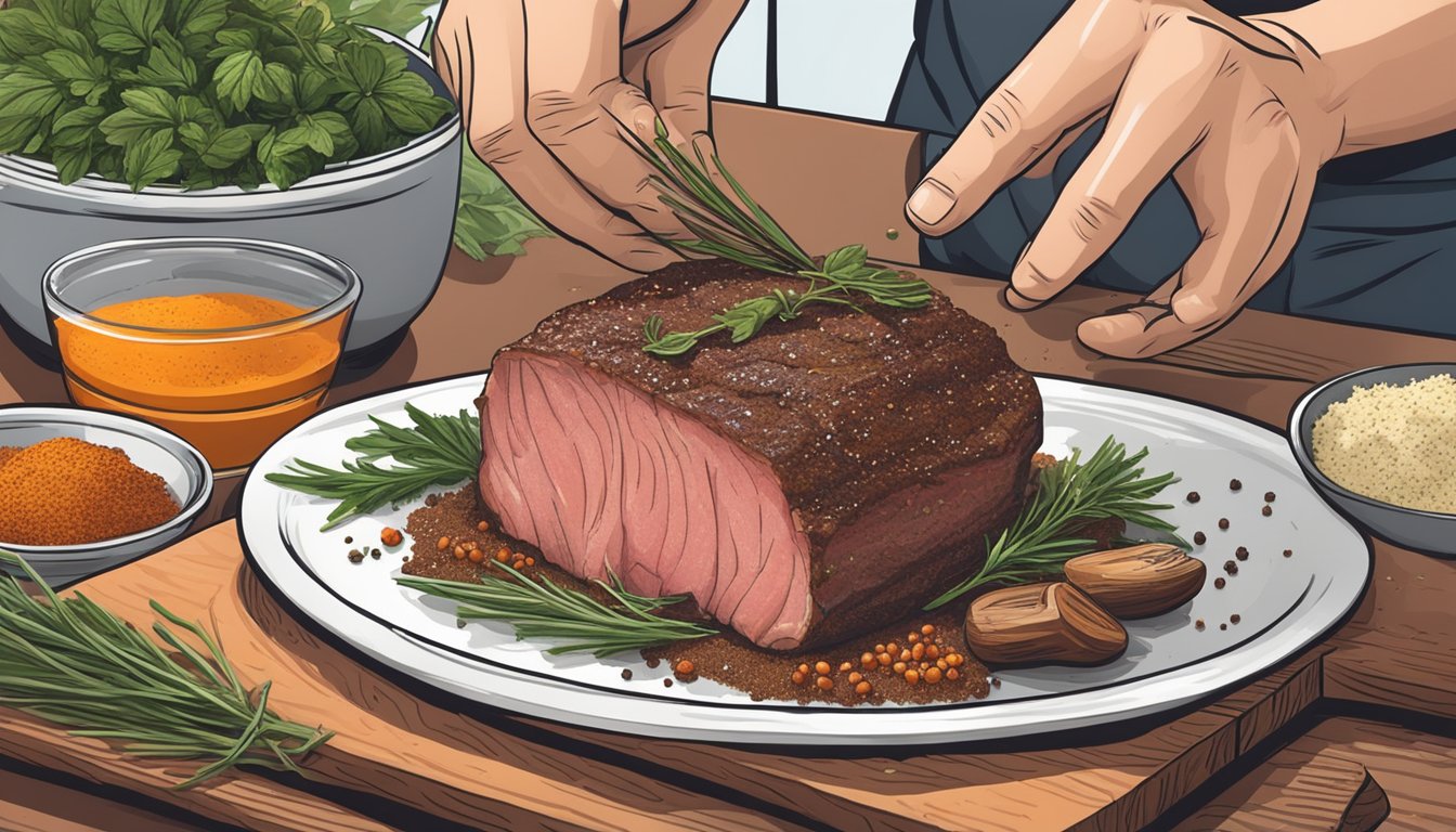 A hand sprinkles a blend of herbs and spices onto a juicy piece of game meat, adding the finishing touches to a perfect rub