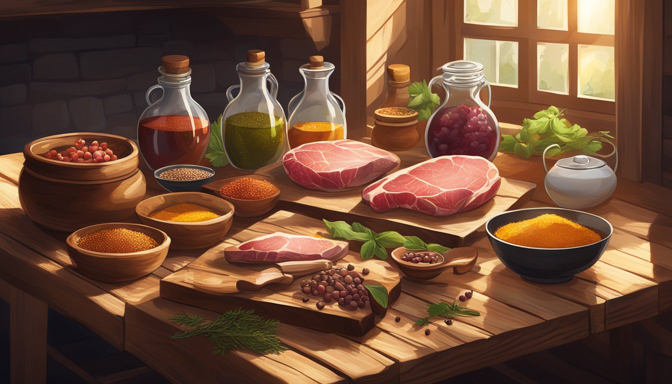 A rustic wooden table with various game meats, spices, and fermentation vessels. Sunlight streams through a window, casting warm, natural light on the ingredients