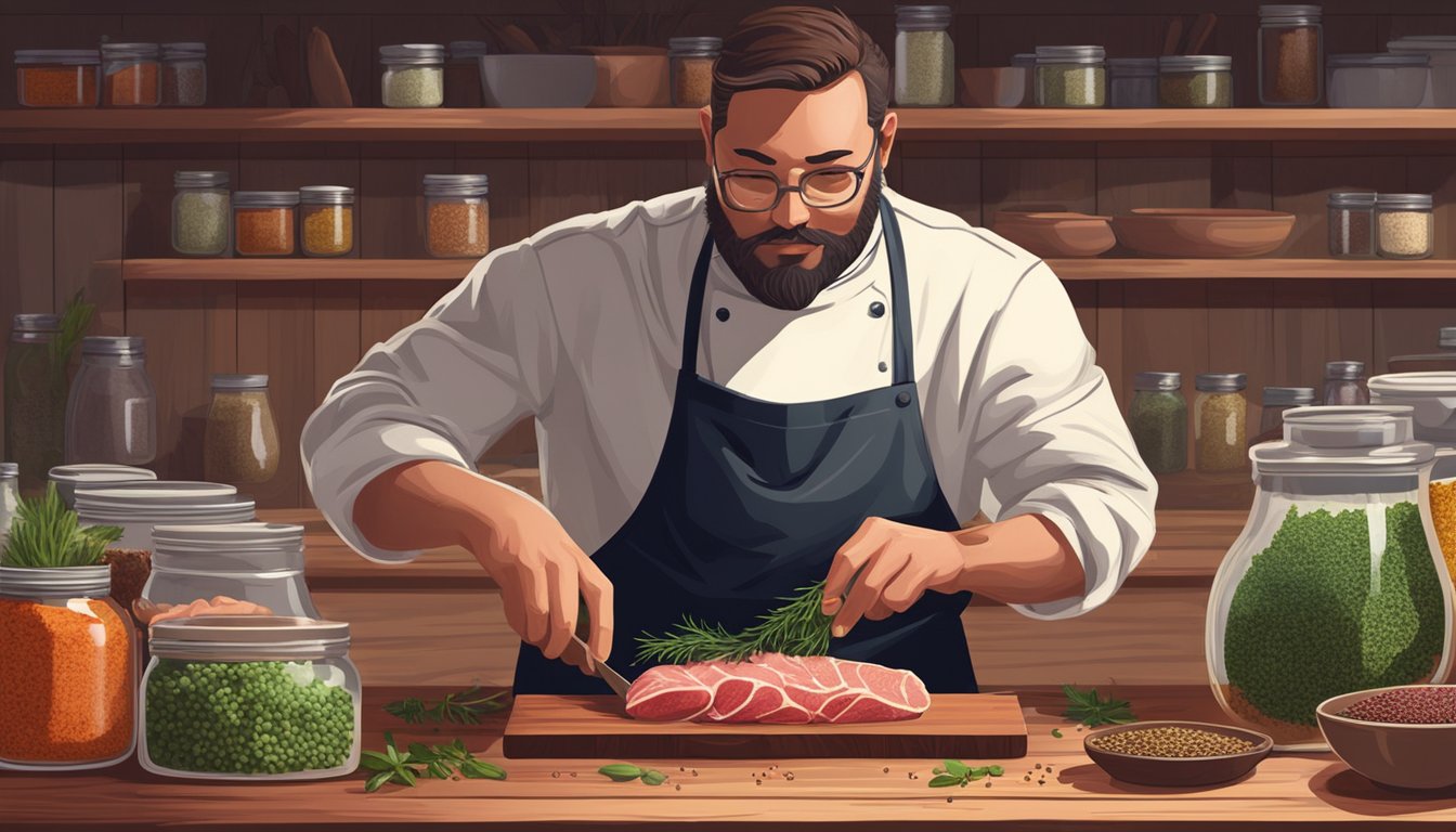 A chef sprinkles a blend of spices onto a slab of raw meat, surrounded by jars of herbs and seasonings on a wooden table