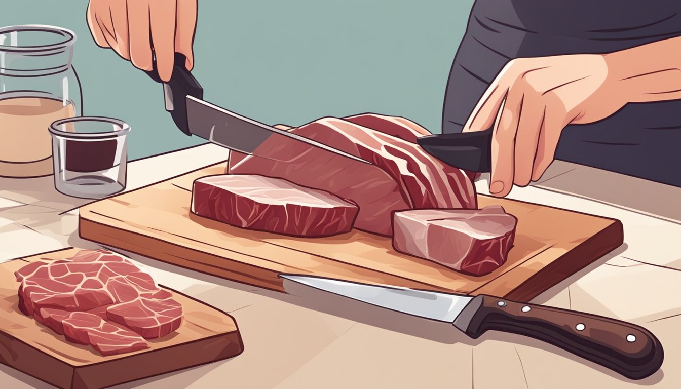 A person uses a sharp knife to carefully trim and select the right cut of meat for dry aging at home