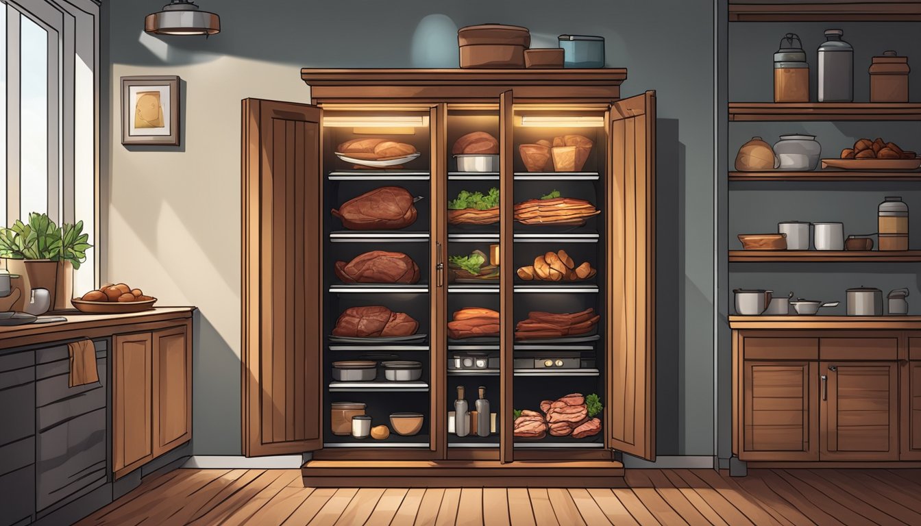 A wooden cabinet with adjustable shelves, temperature and humidity controls, and a built-in fan, surrounded by hanging game meat in a dimly lit room