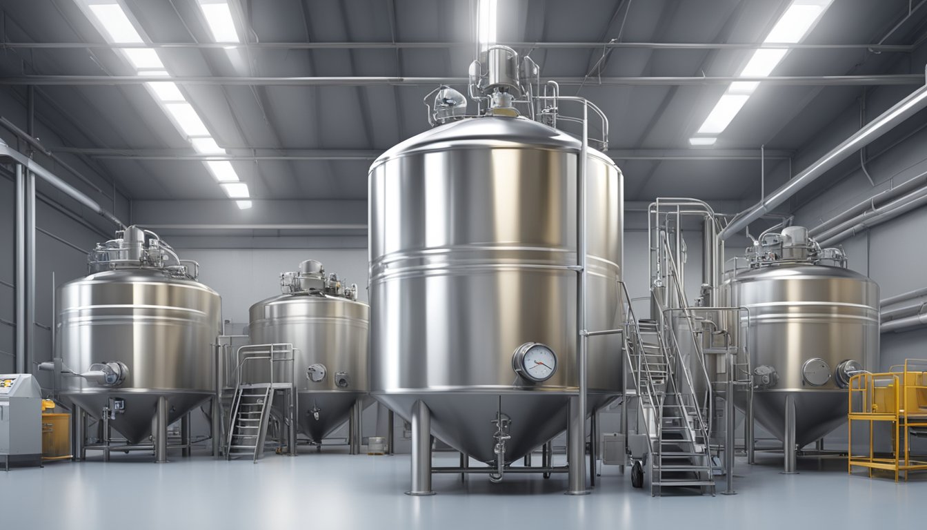 A stainless steel fermentation tank surrounded by quality control equipment and safety signage in a clean, well-lit facility