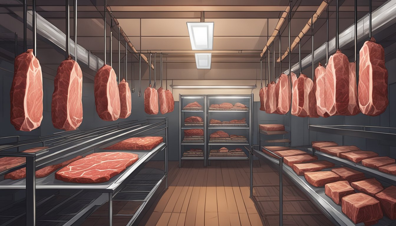 Aged meat hanging in a temperature-controlled room, surrounded by racks and tools for dry aging