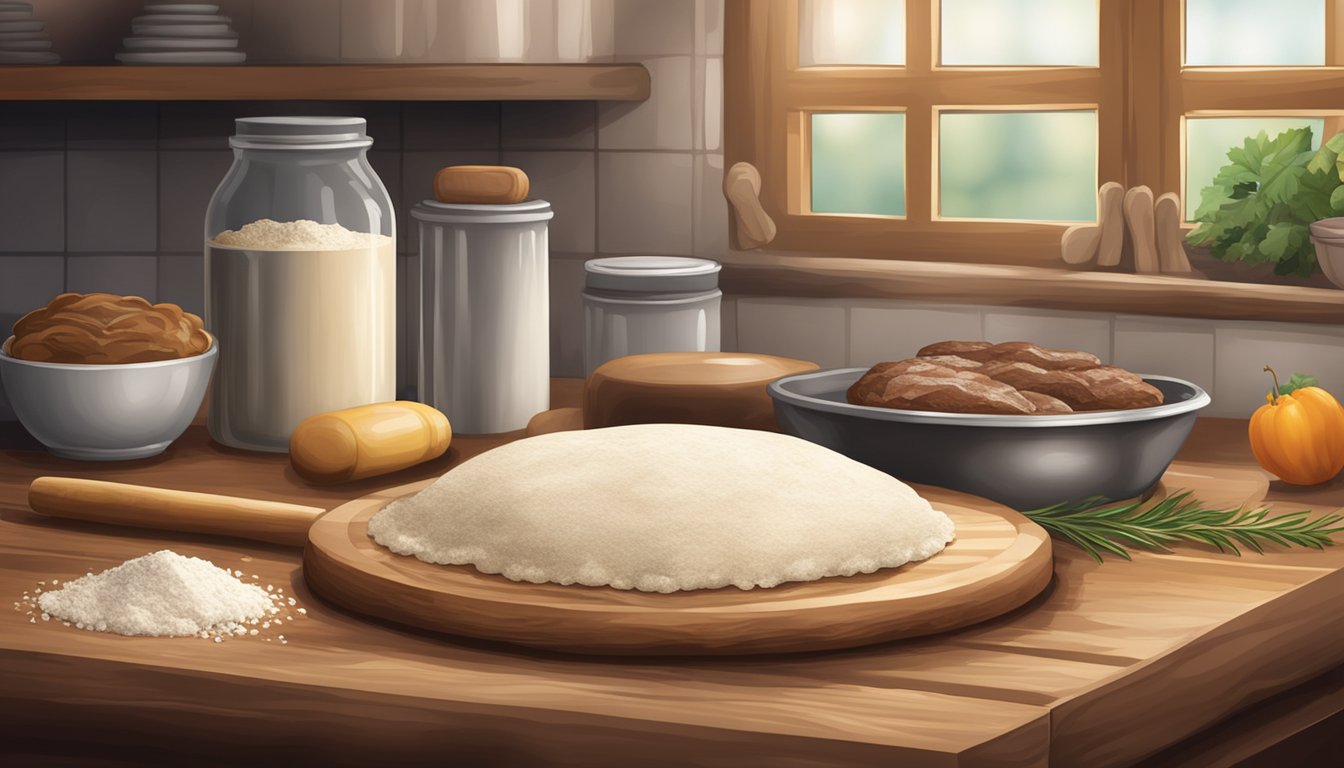 A rustic kitchen counter with flour, rolling pin, and game meat filling for gourmet pies