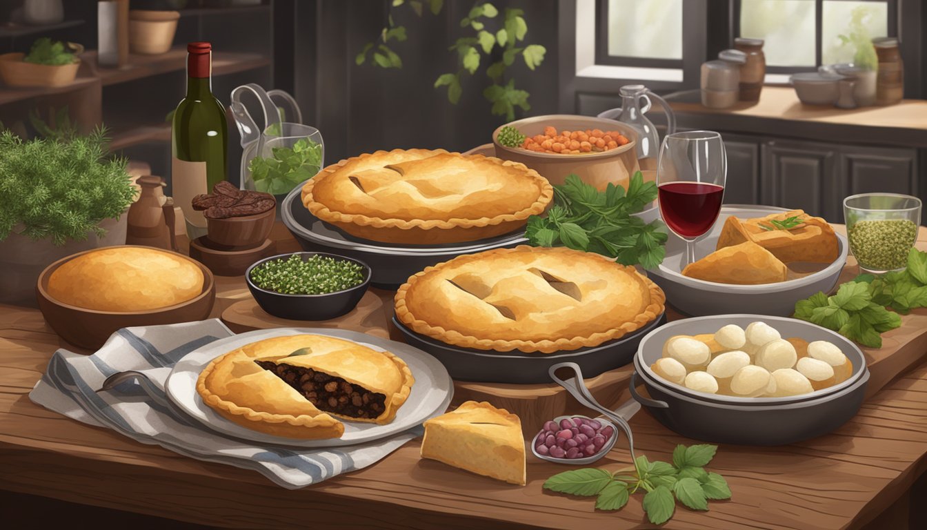 A rustic kitchen counter with a variety of game meat pies, surrounded by fresh herbs, spices, and wine glasses