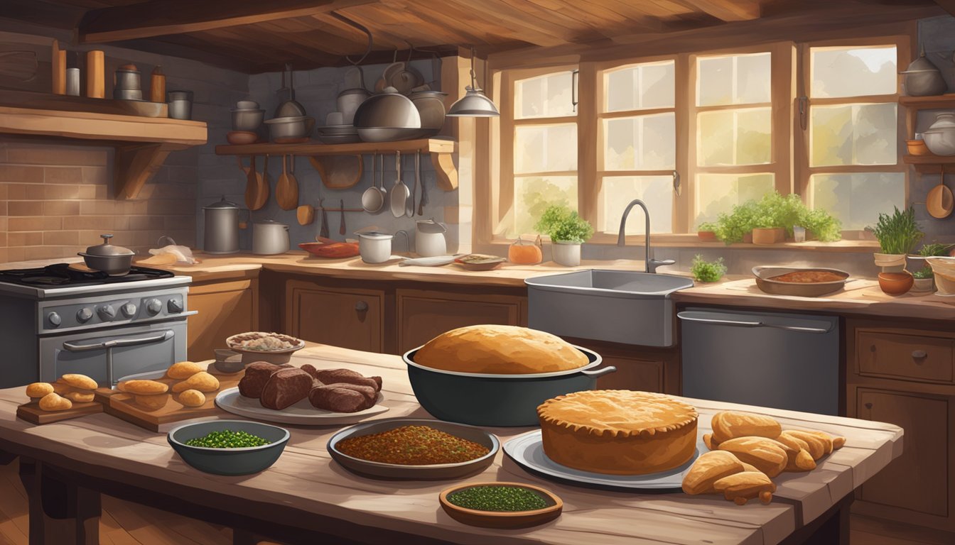 A rustic kitchen with a wooden table covered in flour, surrounded by various game meats, herbs, and spices. A pot of simmering stew and a tray of freshly baked meat pies sit on the counter