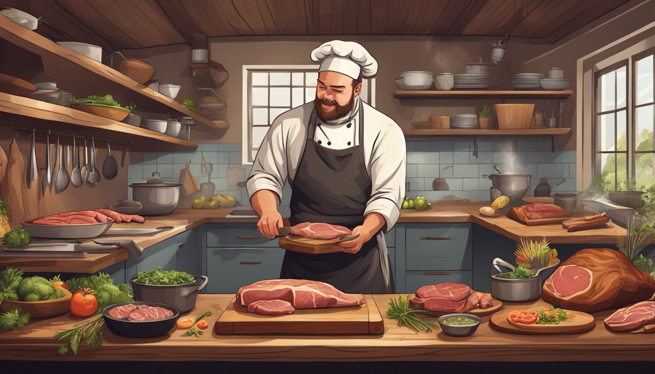 A rustic kitchen with a chef preparing various cuts of meat, using every part of the animal in a nose-to-tail cooking demonstration