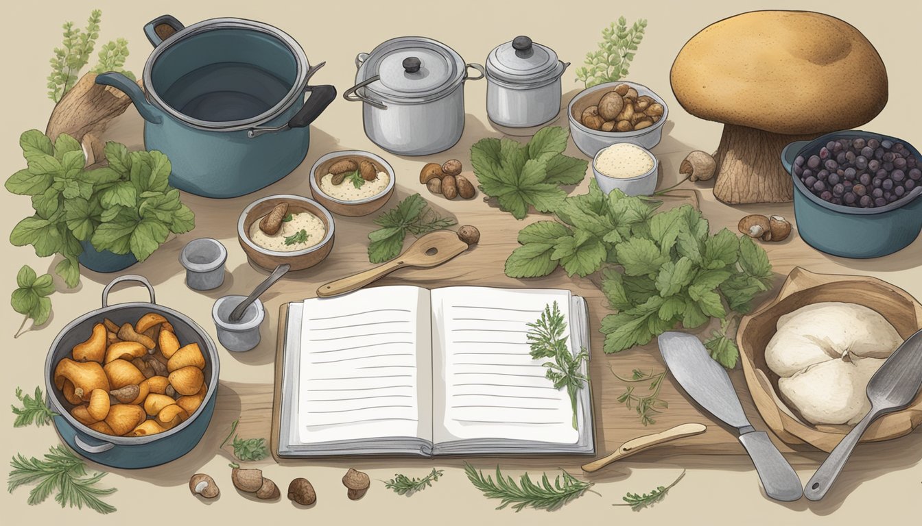 A campsite with a table set with foraged ingredients like wild mushrooms, berries, and herbs, alongside cooking utensils and a menu planning notebook