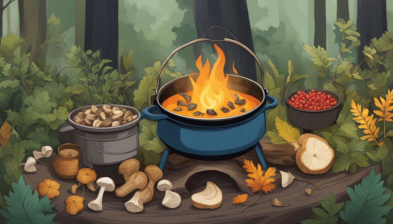 A campfire surrounded by foraged ingredients such as wild mushrooms, berries, and herbs, with a pot of soup simmering over the flames