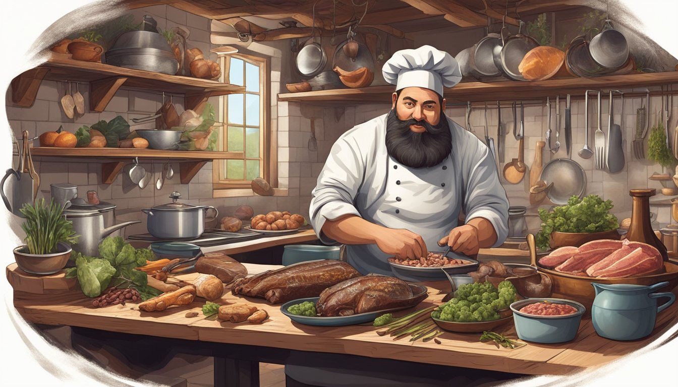 A chef in a rustic kitchen, surrounded by game meats, bones, and unusual ingredients, creating a flavorful dish using every part of the animal