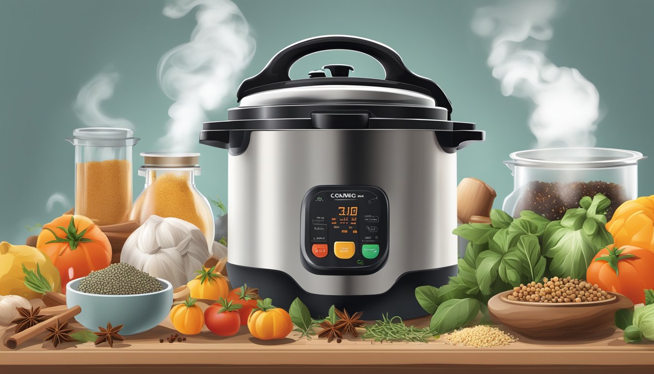 A pressure cooker releasing steam while surrounded by various ingredients and spices, symbolizing the speed and flavor of pressure cooking