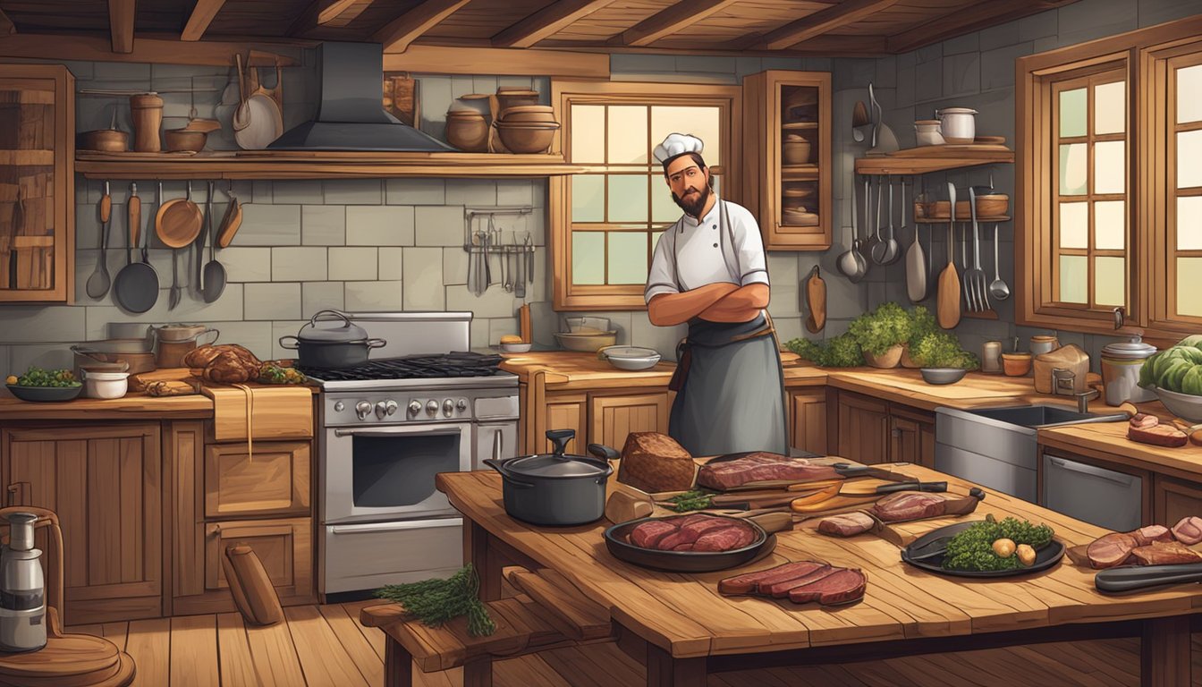 A rustic kitchen with a butcher block, assorted game meats, and a variety of cooking utensils. A chef is preparing to cook using every part of the animal