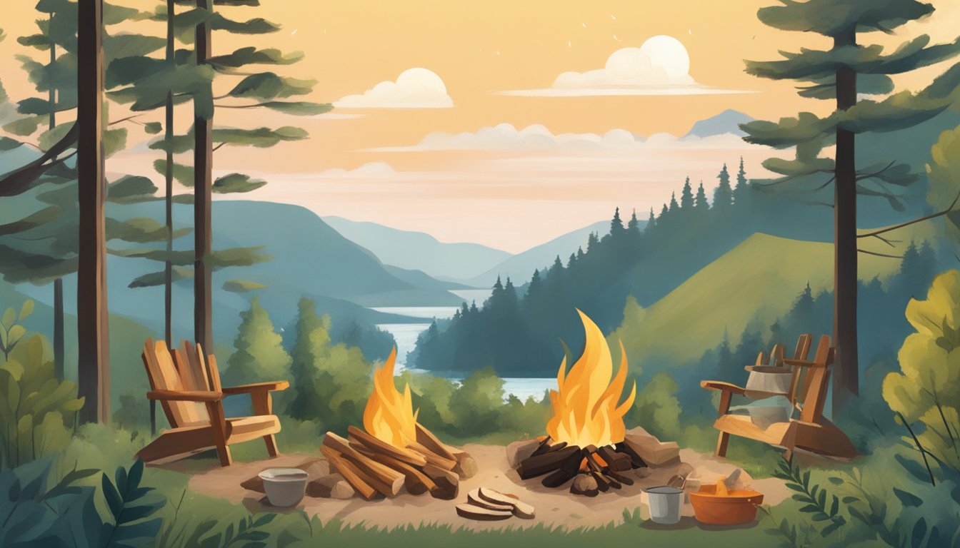 A campfire surrounded by foraged ingredients being prepared using various culinary techniques, with a backdrop of natural scenery