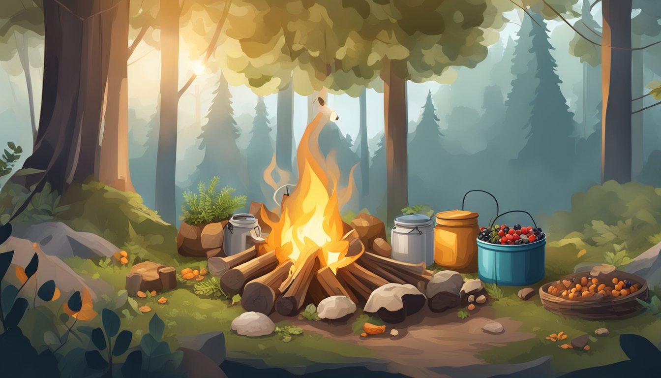 A campfire surrounded by foraged ingredients like wild mushrooms, berries, and herbs. A makeshift food storage area with hanging bags and containers