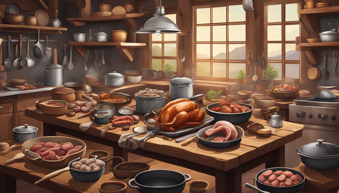 A rustic kitchen with a variety of game meats, bones, and offal displayed on a wooden table, surrounded by pots, pans, and cooking utensils