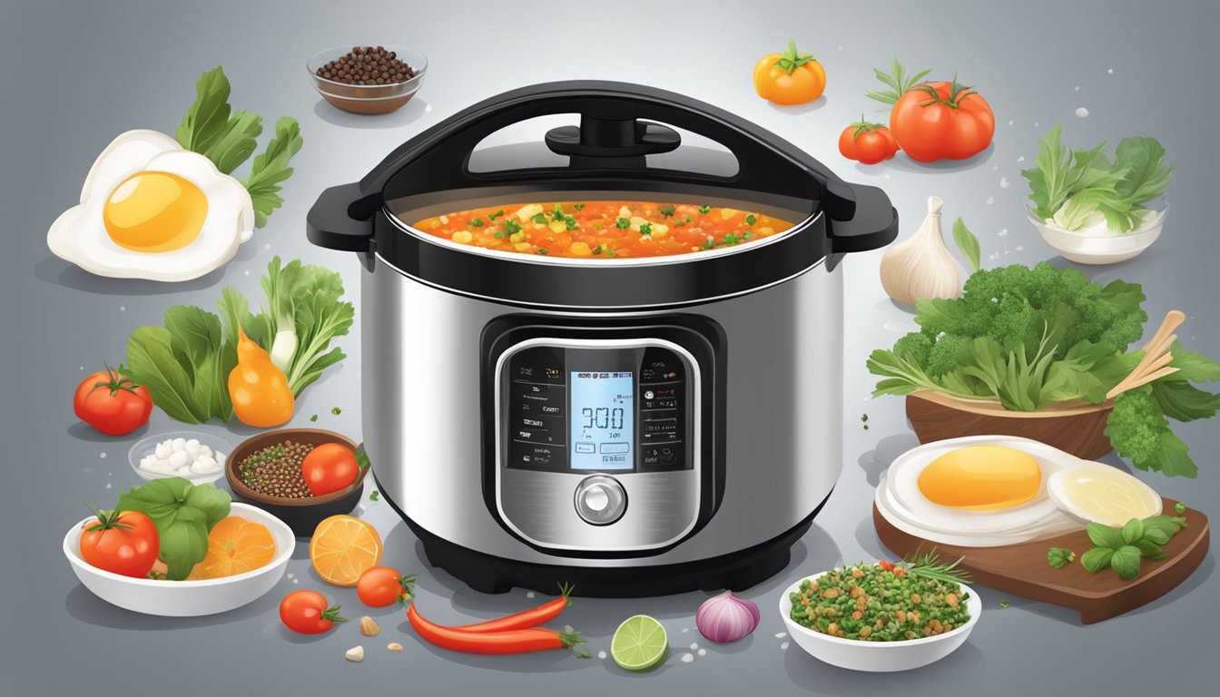 A modern pressure cooker surrounded by various fresh ingredients and spices, emitting flavorful steam while cooking