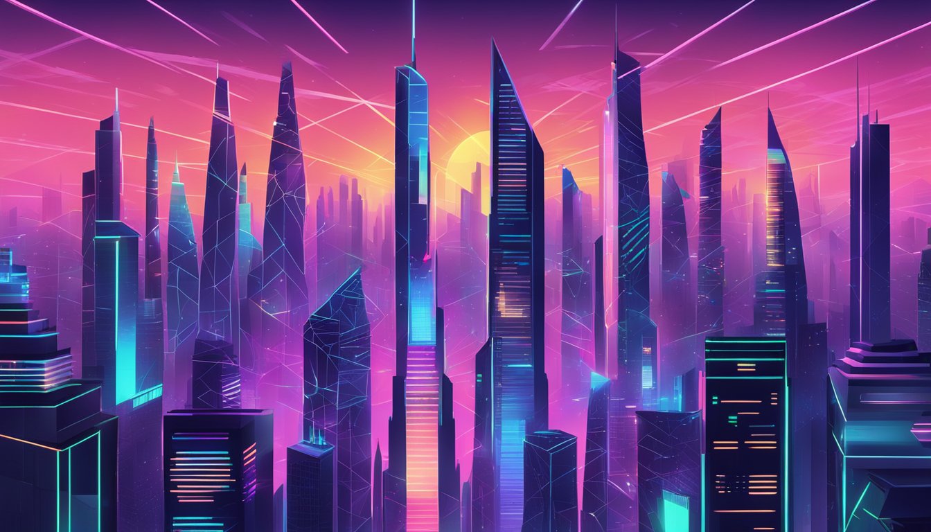 A futuristic cityscape with towering skyscrapers and neon lights, surrounded by a digital landscape of geometric shapes and patterns