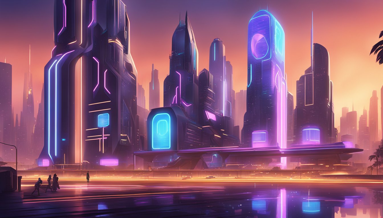 A futuristic cityscape with neon lights and sleek, reflective surfaces, showcasing advanced rendering techniques in popular games