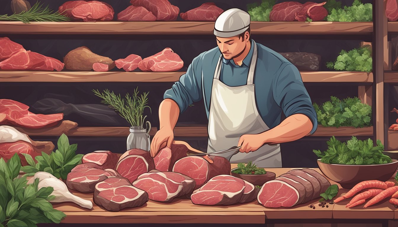 A butcher carefully selects and seasons game meat for curing, surrounded by fresh herbs and spices