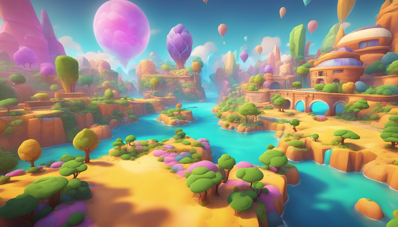 A colorful, dynamic video game world with varying textures and lighting, showcasing different rendering techniques