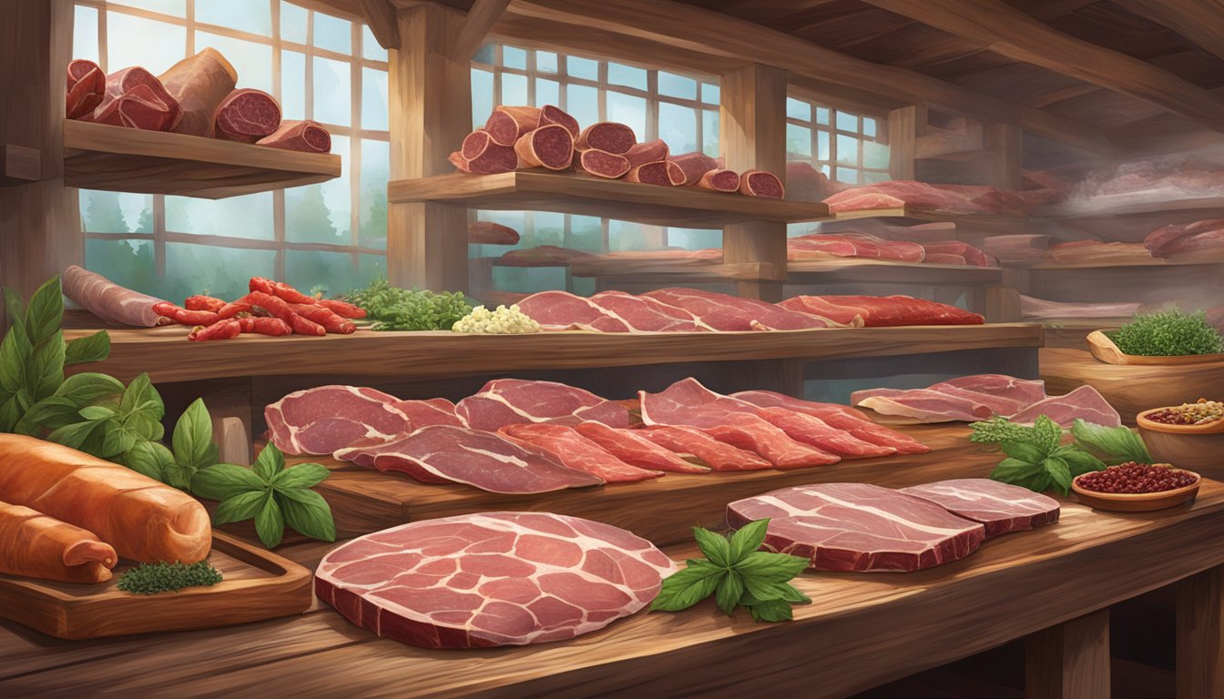 A rustic wooden table displays an array of cured game meats, including prosciutto and bresaola, alongside various herbs and spices. A large curing chamber looms in the background