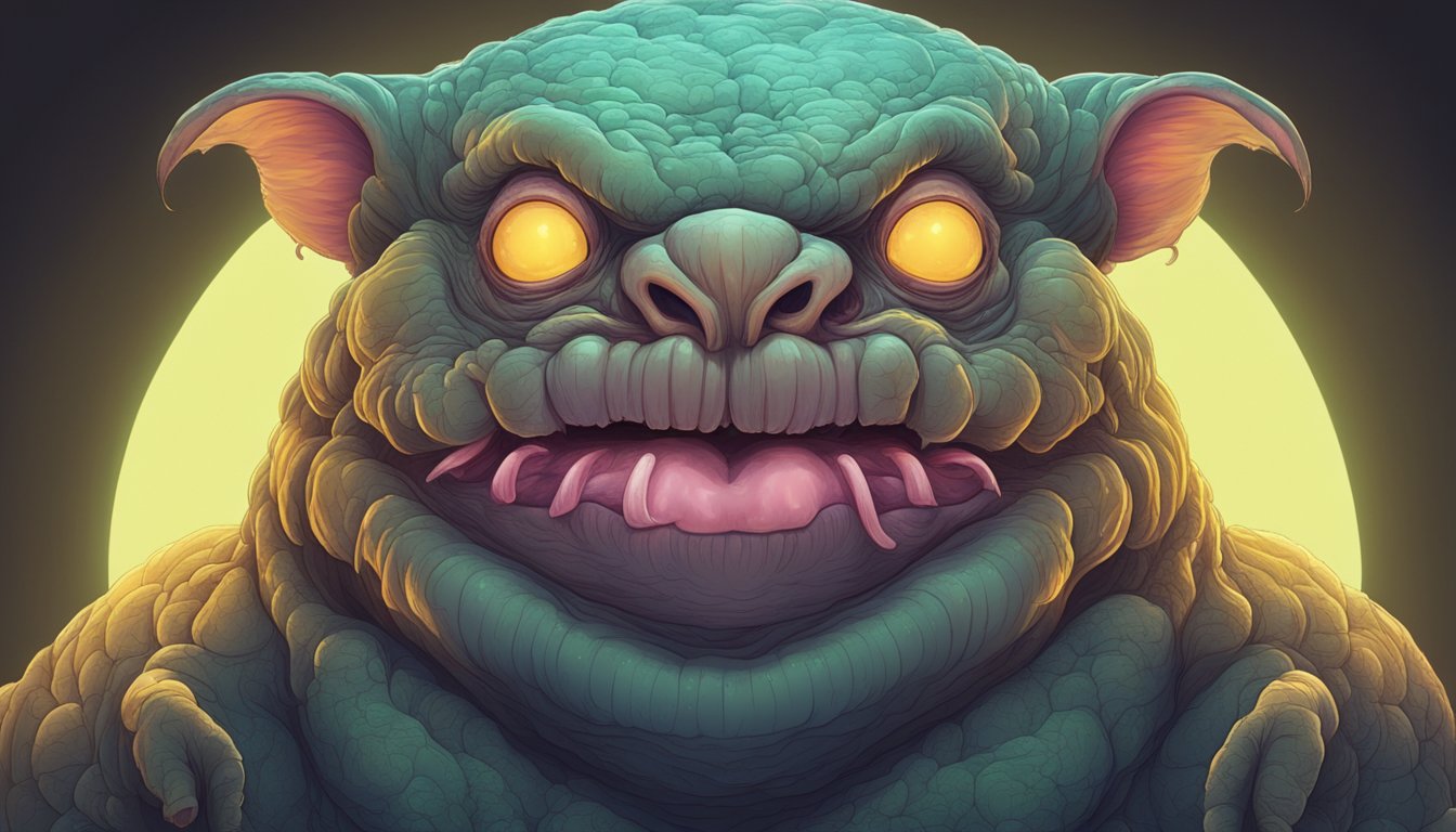 A grotesque, bloated creature oozing with layers of fat, illuminated by the glow of a digital screen