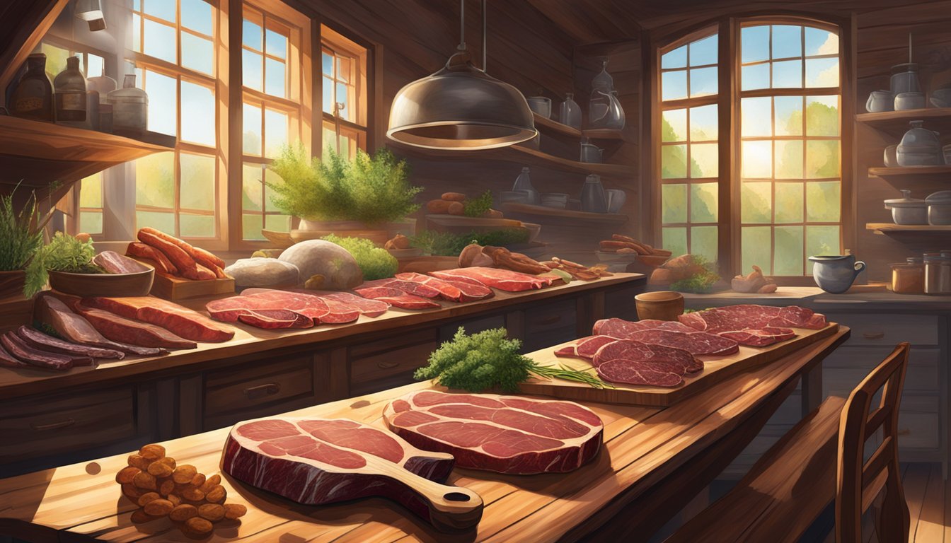 A rustic wooden table displays an array of cured game meats, surrounded by herbs, spices, and aging equipment. Sunlight filters through a window, casting warm, inviting shadows