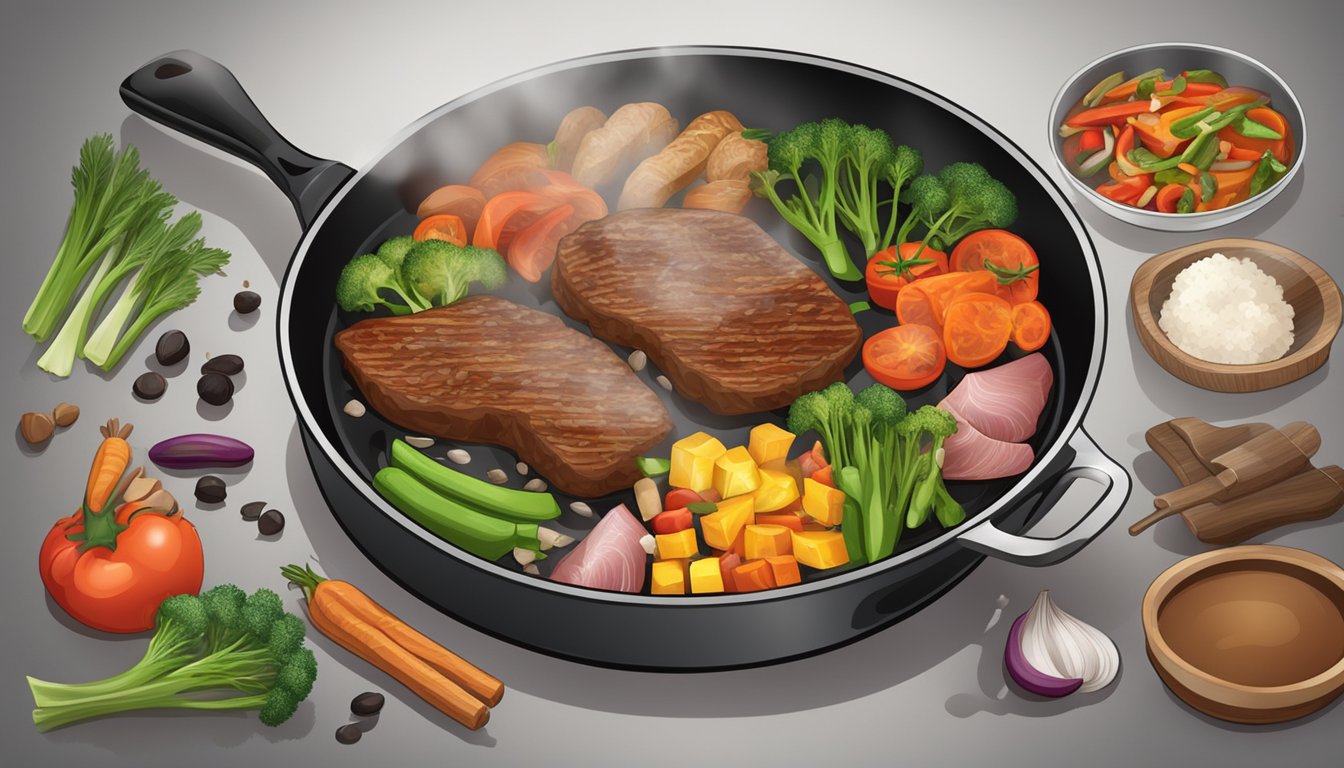 A sizzling skillet with a variety of meats and vegetables, emitting steam and aroma, surrounded by cooking utensils and spices