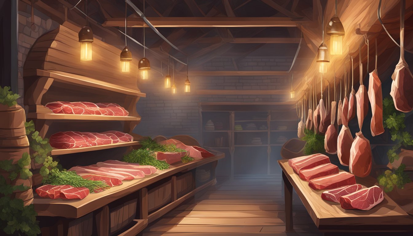 A rustic cellar with hanging game meat, surrounded by herbs and spices, as it undergoes the curing process for prosciutto and bresaola