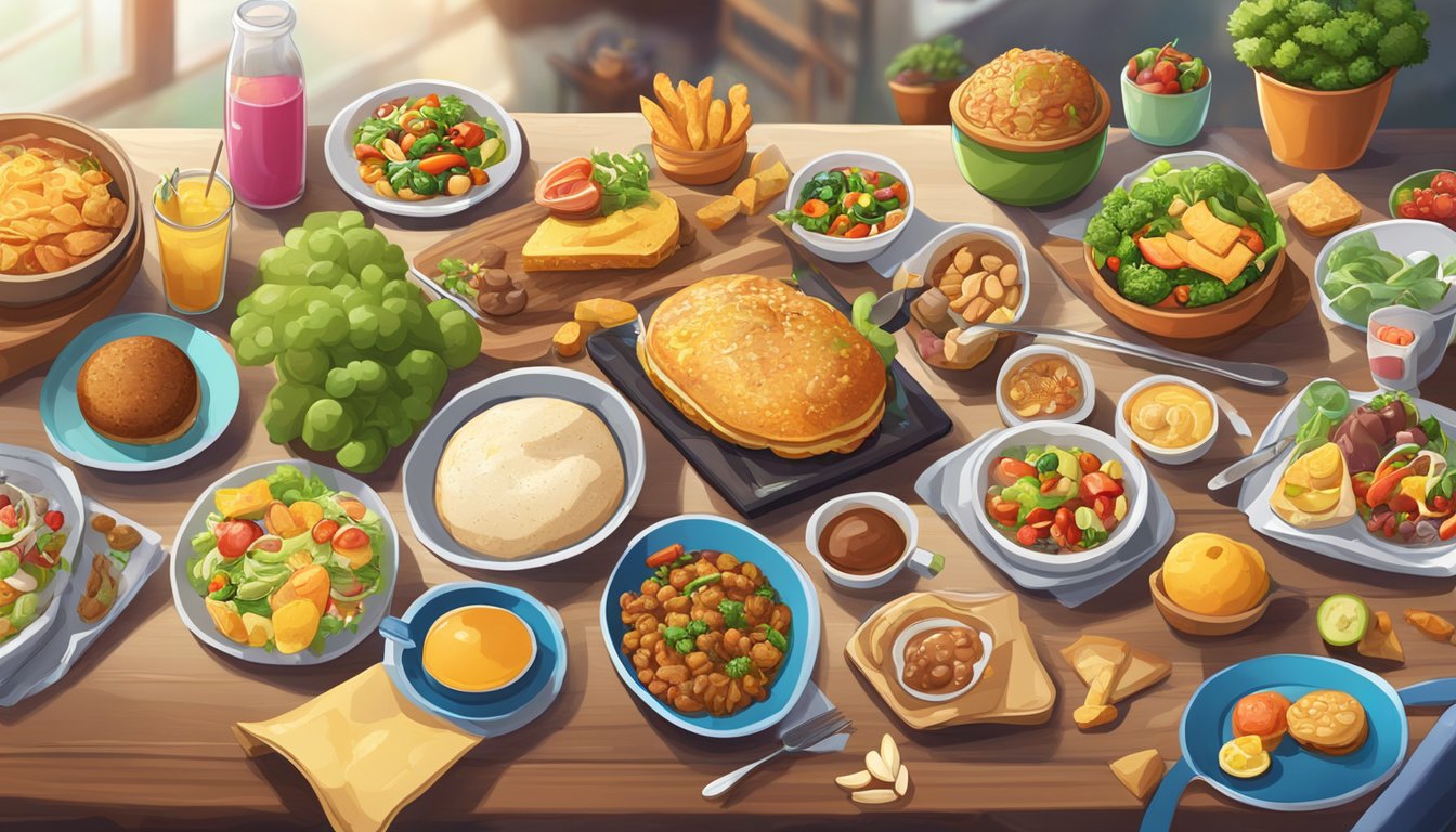 A table with various food items and their nutritional details displayed in a visually appealing manner, surrounded by game-related elements like controllers and game characters