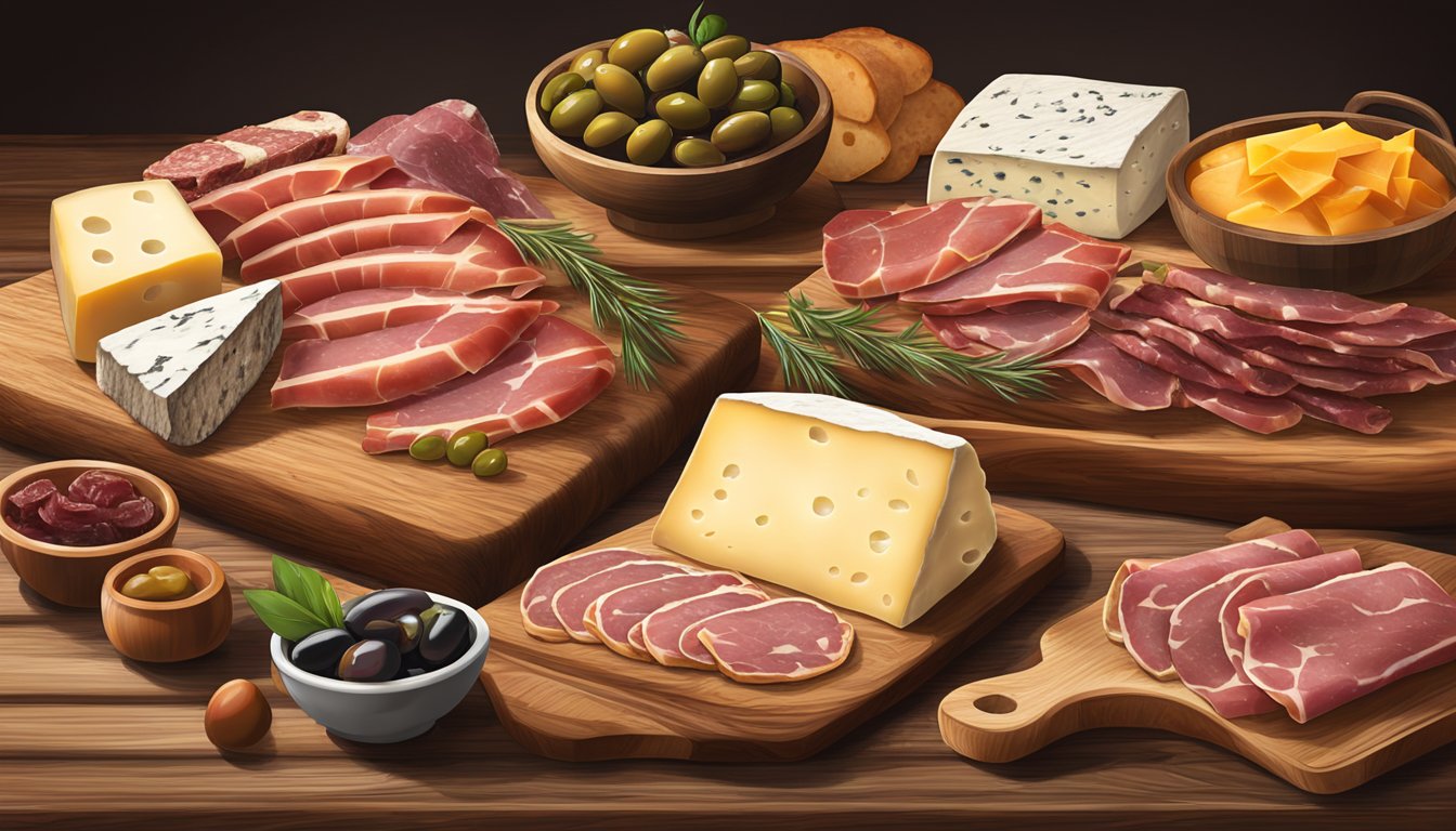 A rustic wooden table displays an array of cured meats, including prosciutto and bresaola, alongside crusty bread, olives, and a variety of cheeses