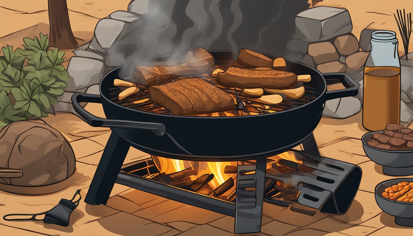 A crackling campfire surrounded by cooking equipment, with a Dutch oven placed over the flames and game meat sizzling inside