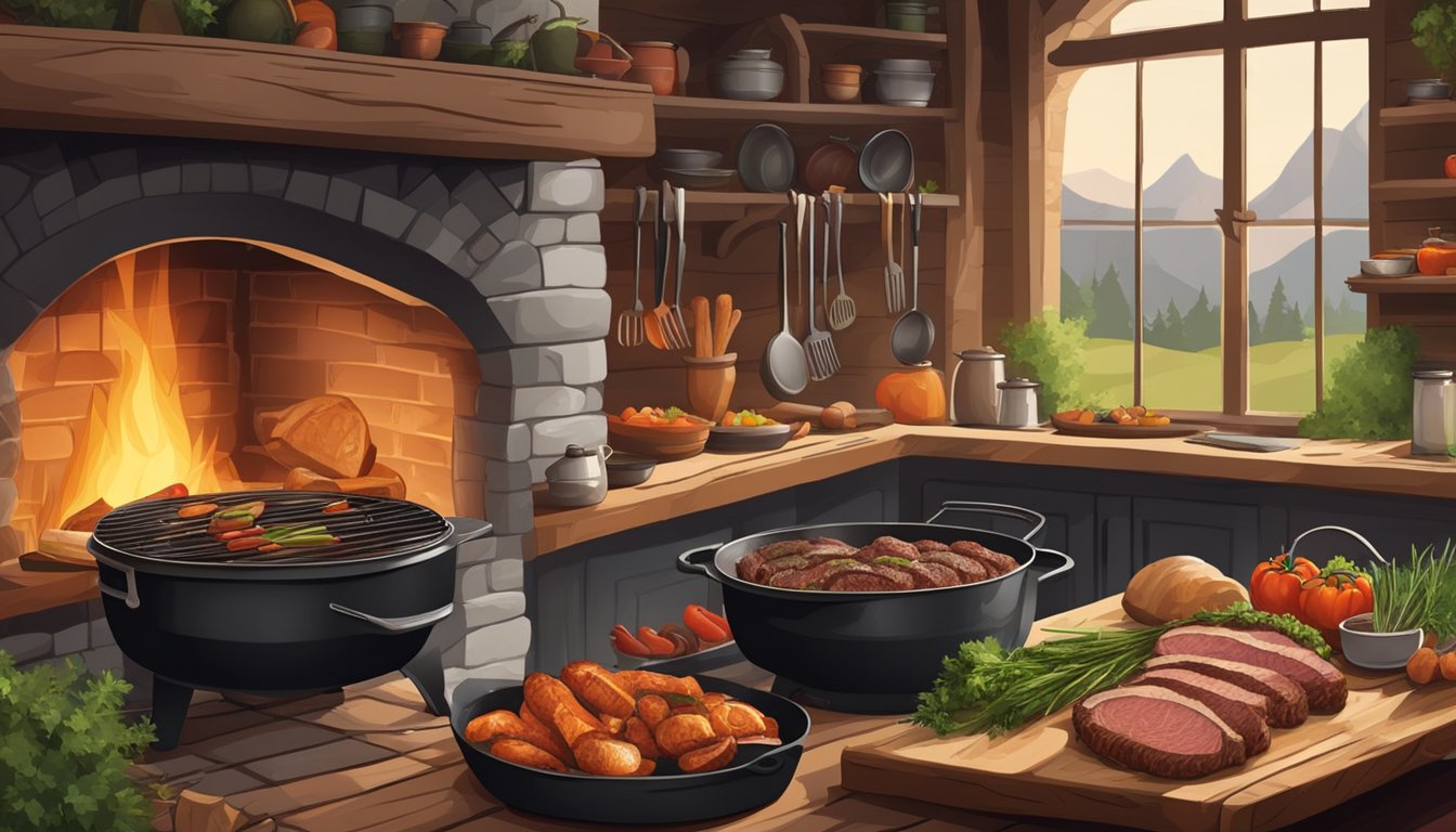 A rustic kitchen with a crackling fire, a seasoned cast iron Dutch oven, and wild game meat being prepared with fresh herbs and vegetables