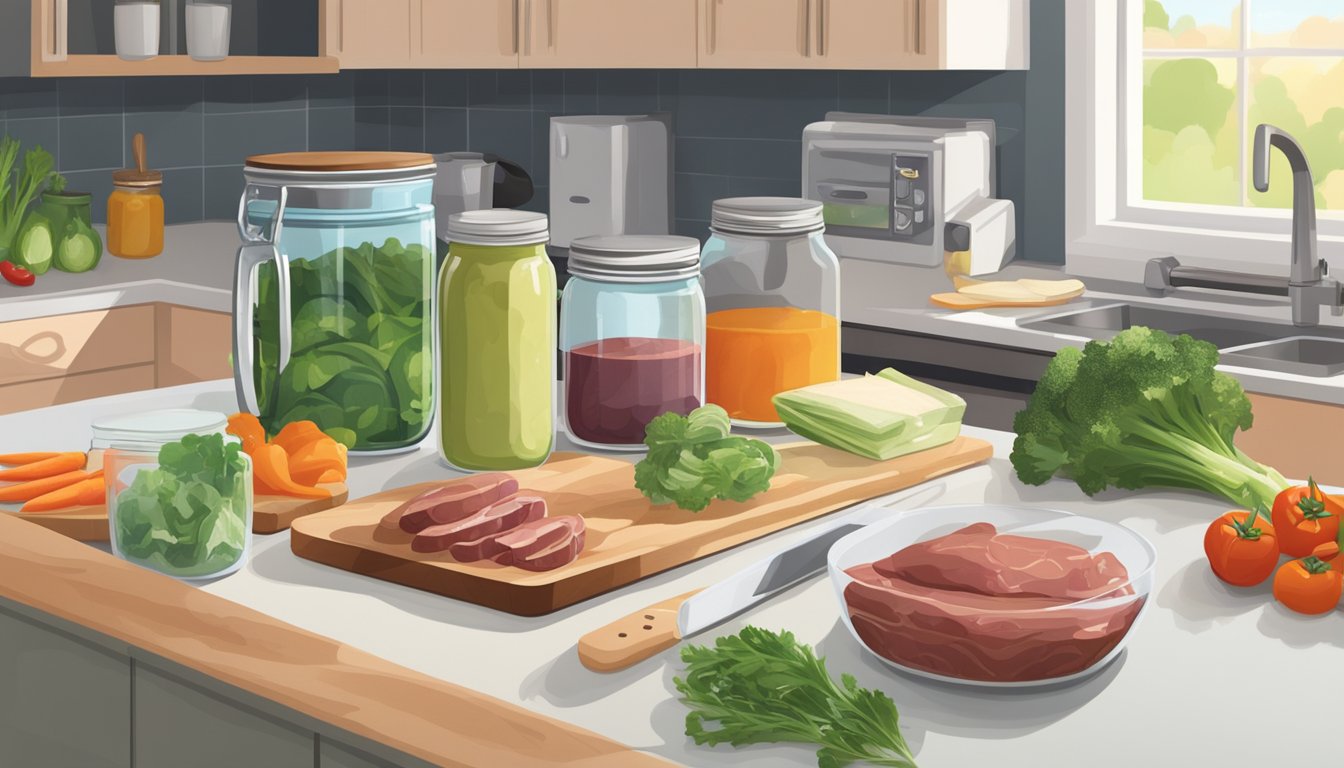 A kitchen counter with fresh vegetables, raw game meat, and baby food jars. A blender and cutting board are visible, along with a cookbook open to a baby food recipe