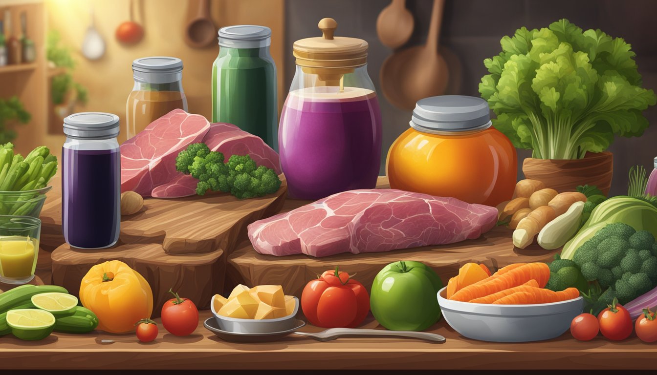 A variety of game meats displayed on a wooden cutting board, surrounded by fresh vegetables and fruits, with a blender and baby food jars in the background