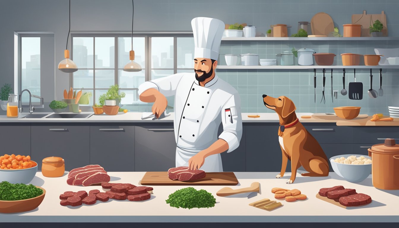 A chef preparing a variety of gourmet game meat dog treats in a clean, well-lit kitchen with fresh ingredients and professional cooking equipment