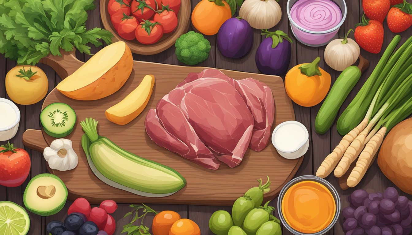 Fresh game meats and colorful fruits and vegetables are spread out on a wooden cutting board, ready to be blended into homemade baby food