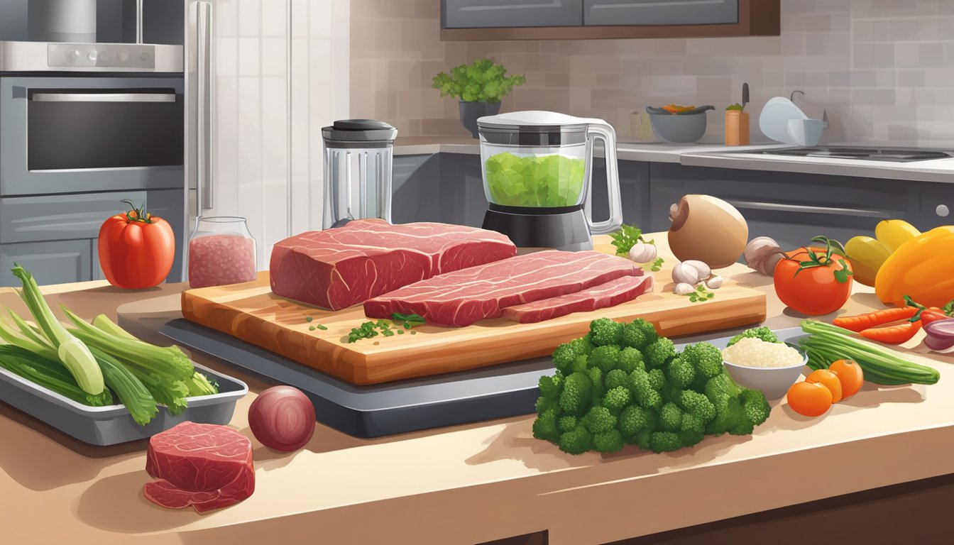 A cutting board with raw game meat, vegetables, and a blender on a kitchen counter