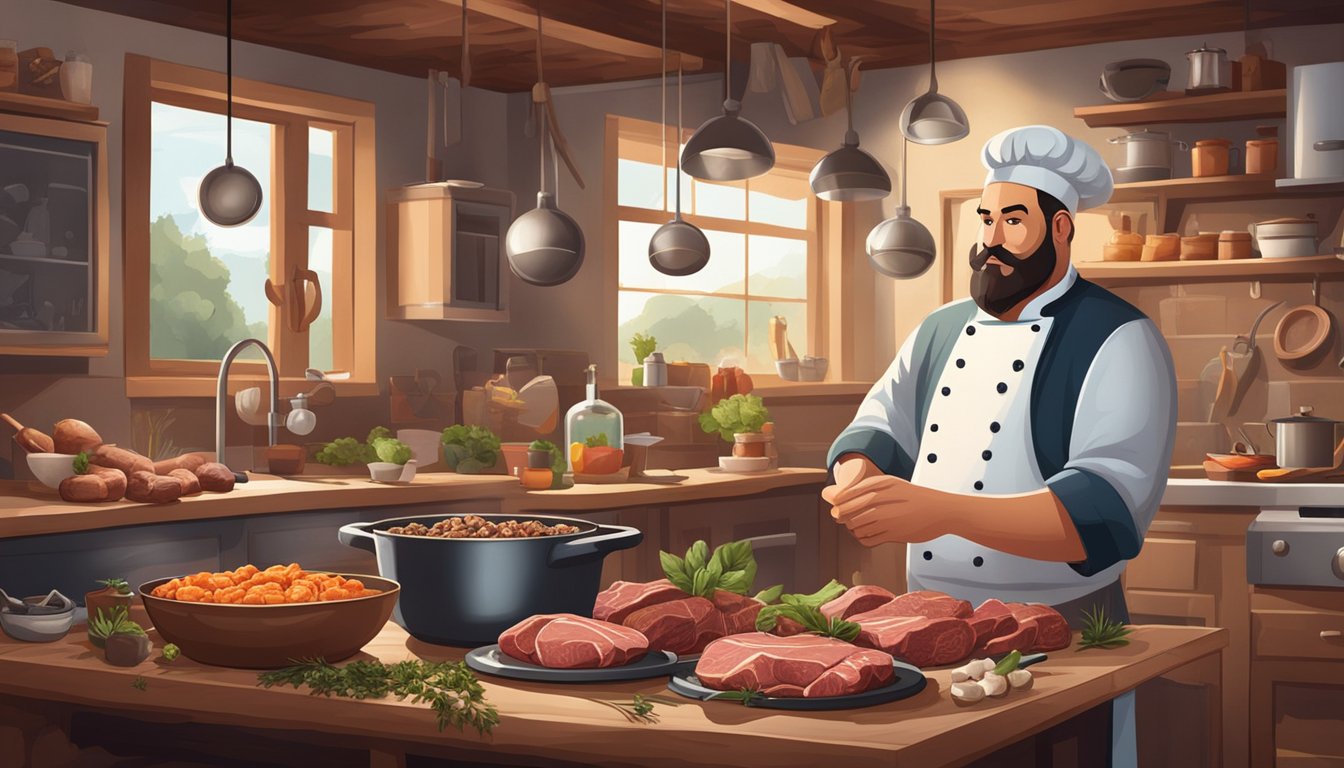 A chef prepares gourmet game meat dog treats in a rustic kitchen, surrounded by various cuts of meat, herbs, and cooking utensils