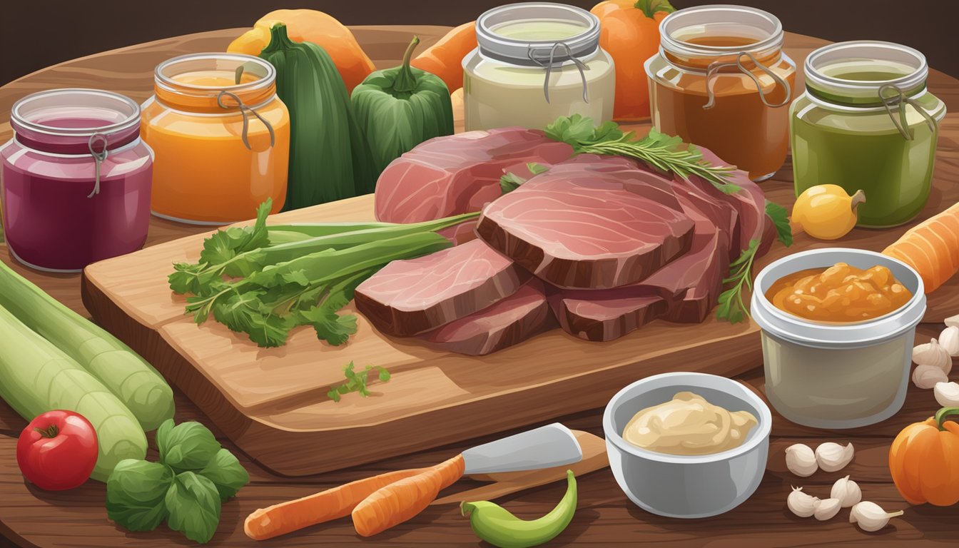 A variety of game meats and fresh produce laid out on a wooden cutting board, surrounded by jars of homemade baby food