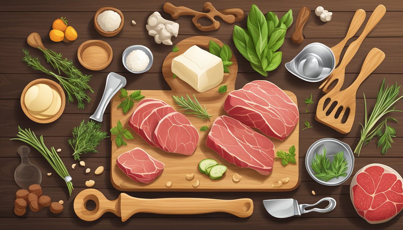 A wooden cutting board with a variety of kitchen tools and ingredients, including game meat, fresh herbs, and bone-shaped cookie cutters