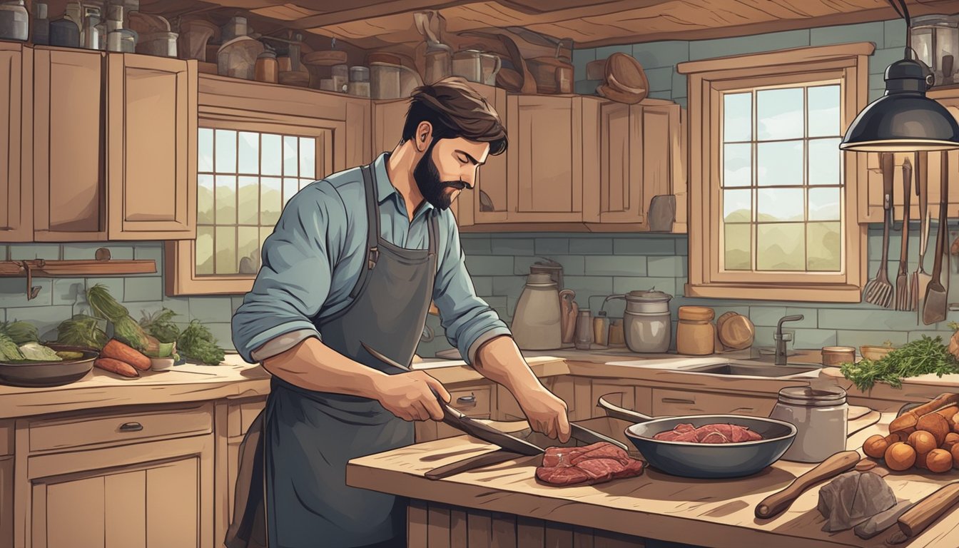 A hunter carefully butchers a deer, then jars the meat in a rustic kitchen