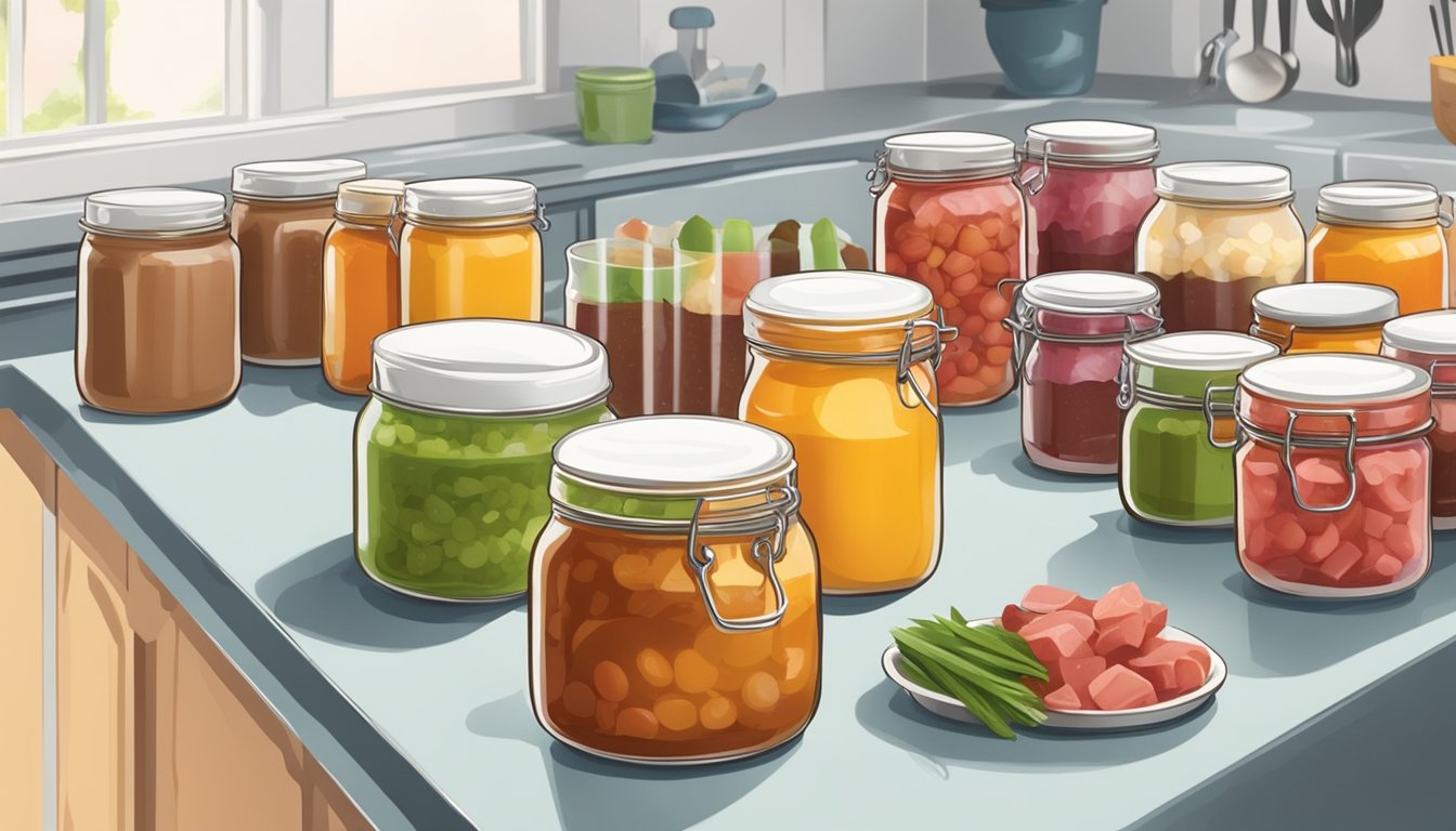 A kitchen counter with jars of colorful homemade baby food and raw game meat ready to be crafted into baby food