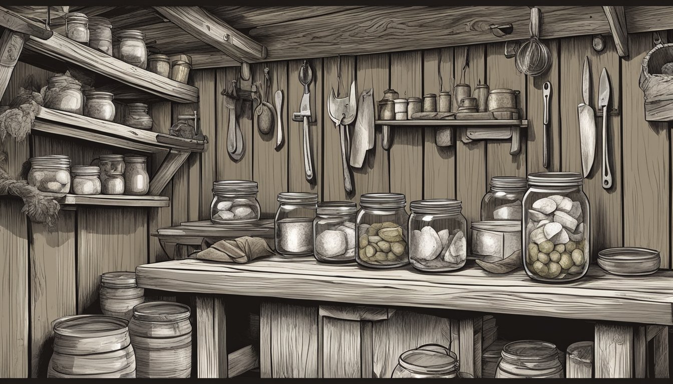 A hunter's cabin with jars of pickled game meat and a table set for butchering and freezing techniques