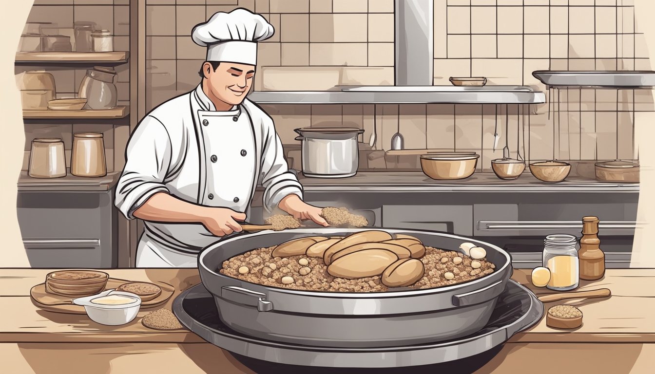 A chef mixes game meat, flour, and eggs in a large bowl. They roll out the dough and cut it into bone-shaped treats. The treats bake in the oven