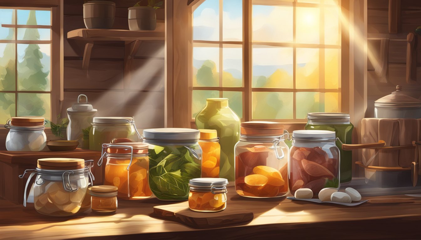 A rustic kitchen with jars of pickled game meat and various preserving equipment on a wooden table. Sunlight streams in through a window, casting warm shadows