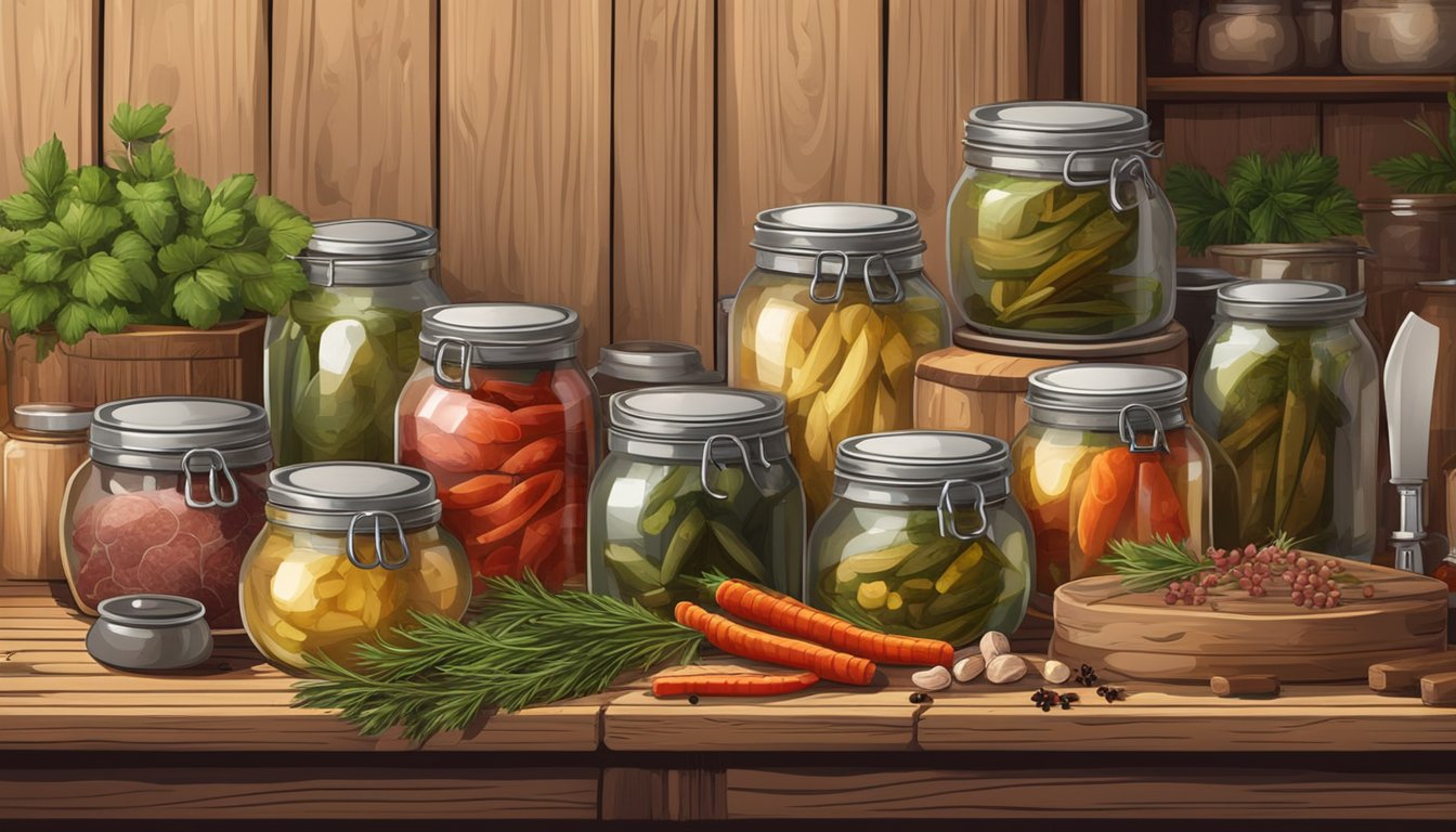 A rustic kitchen with jars of pickled game meat, herbs, and spices on a wooden table, surrounded by traditional preserving equipment