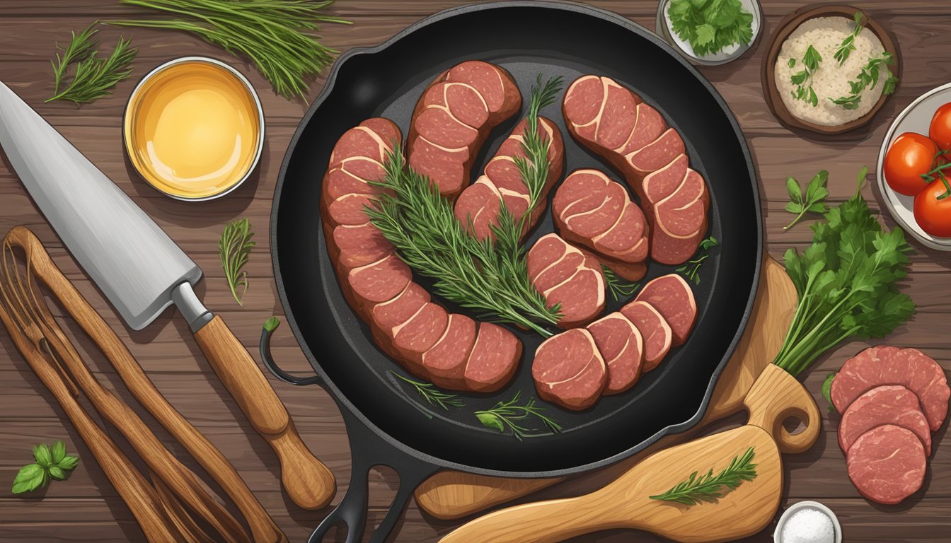 A rustic kitchen table set with a cast iron skillet, fresh herbs, and raw wild game meat for making breakfast sausage